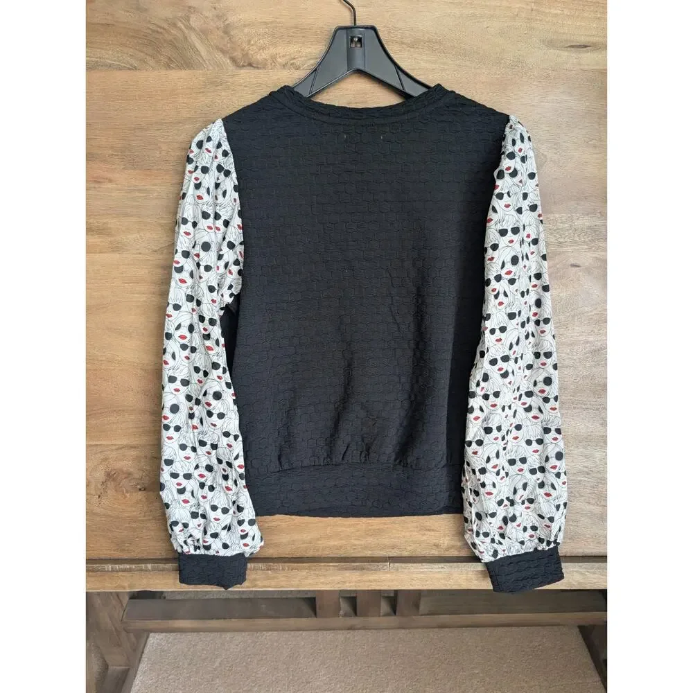NWT Porridge Clothing Textured Top Womens S Black Sunglasses Lips Print Pullover
